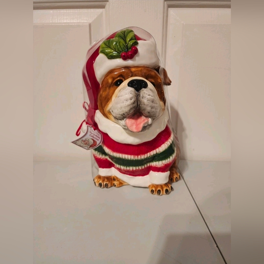 Christmas Bulldog Cookie Jar Ceramic Dog Santa Sweater Holiday Treat Jar